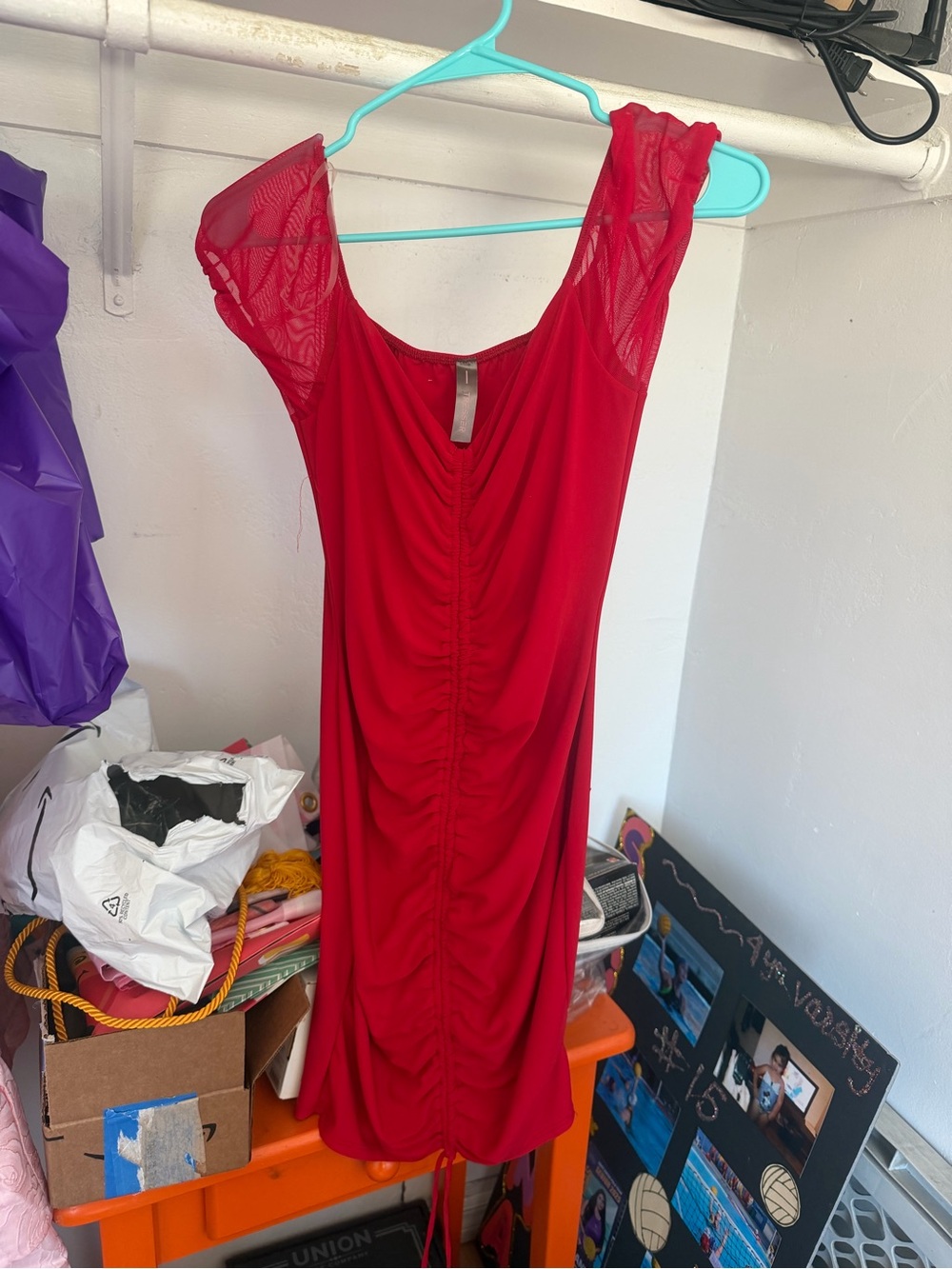Red Ruched Cap-Sleeve Dress